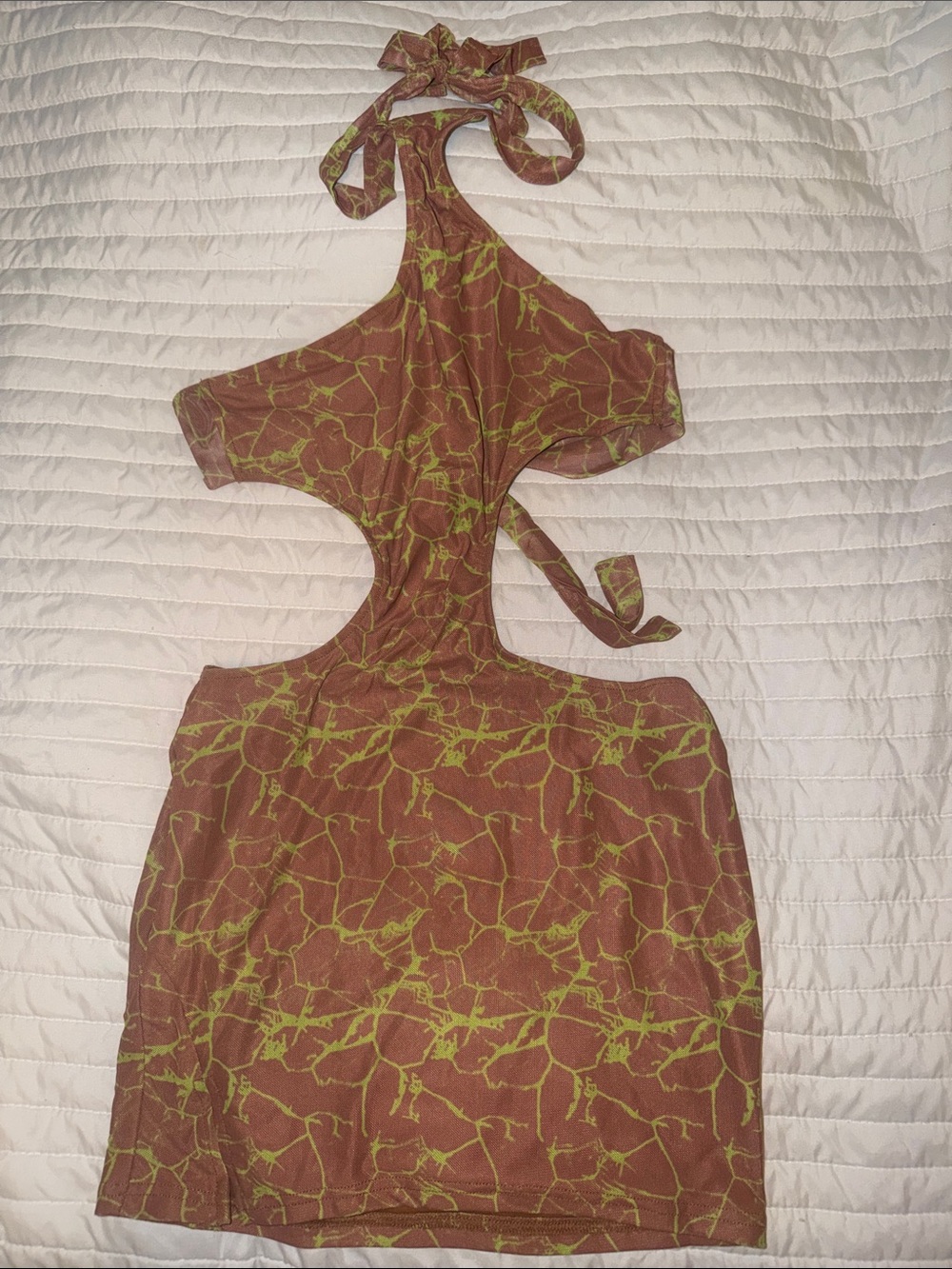 New Pink Tie-Neck Cutout Mini Dress in Brown with Lime Print